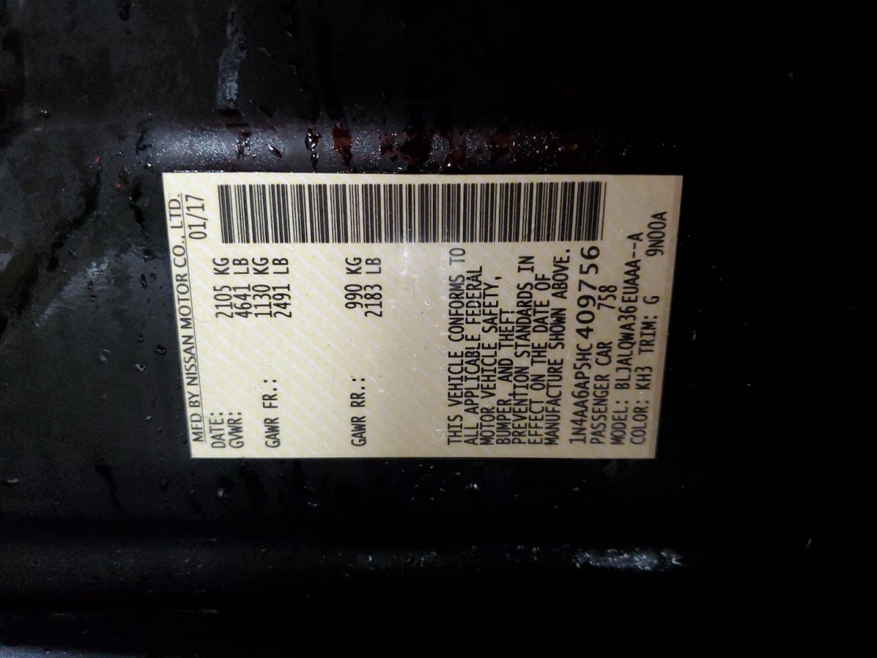1N4AA6AP5HC409756 NISSAN MAXIMA 2017