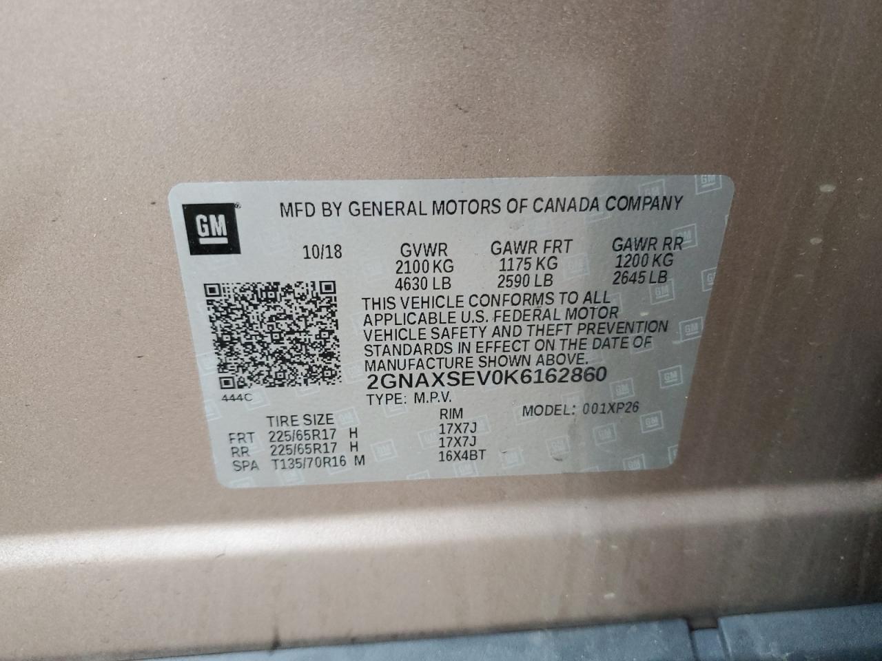 2GNAXSEV0K6162860 CHEVROLET EQUINOX 2019