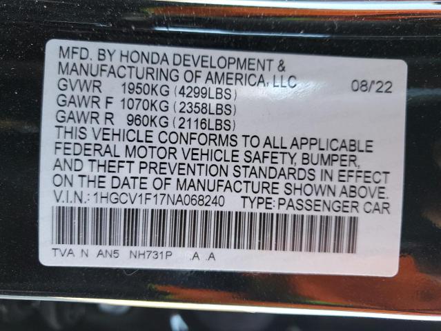 1HGCV1F17NA068240 | 2022 HONDA ACCORD LX