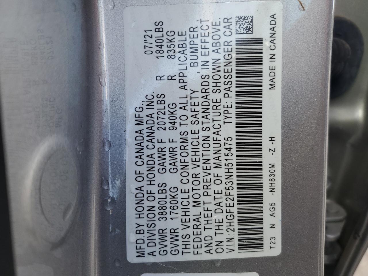 2HGFE2F53NH515475 HONDA CIVIC 2022