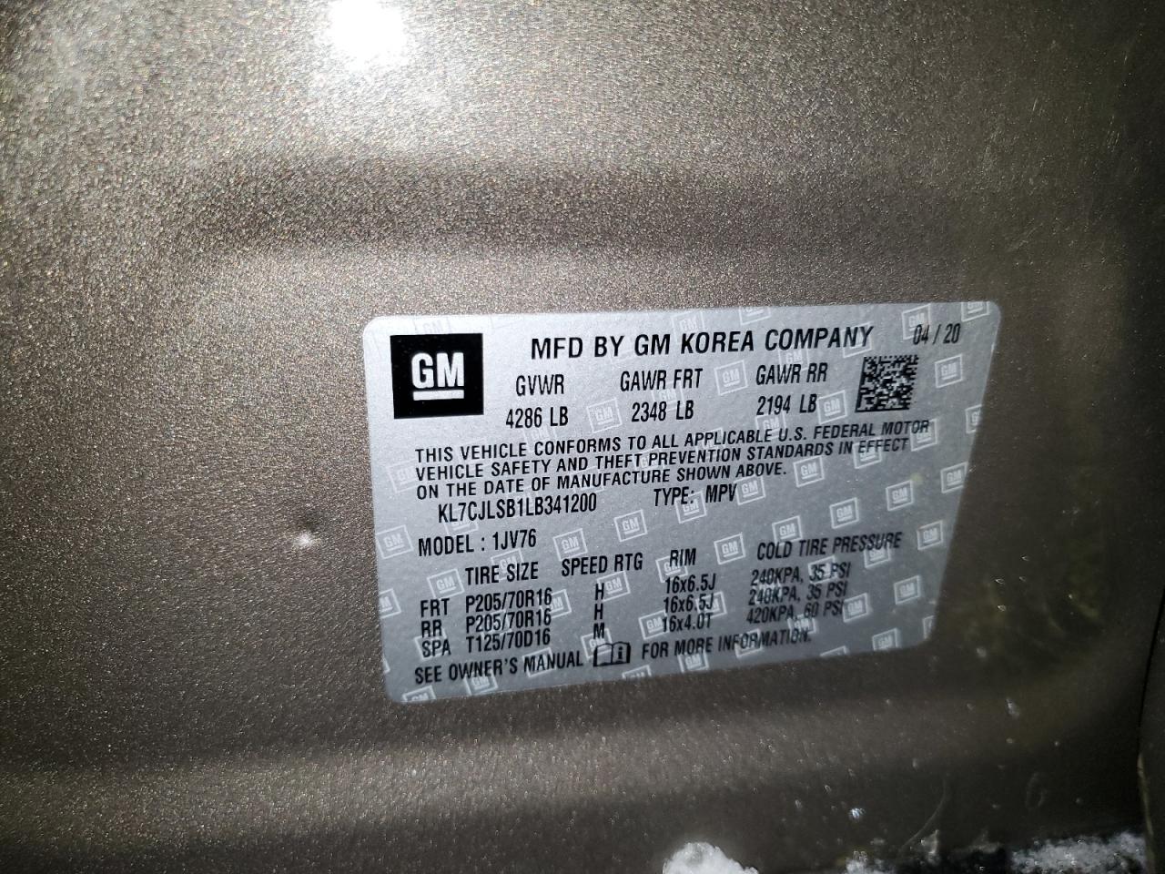KL7CJLSB1LB341200 CHEVROLET TRAX 2020