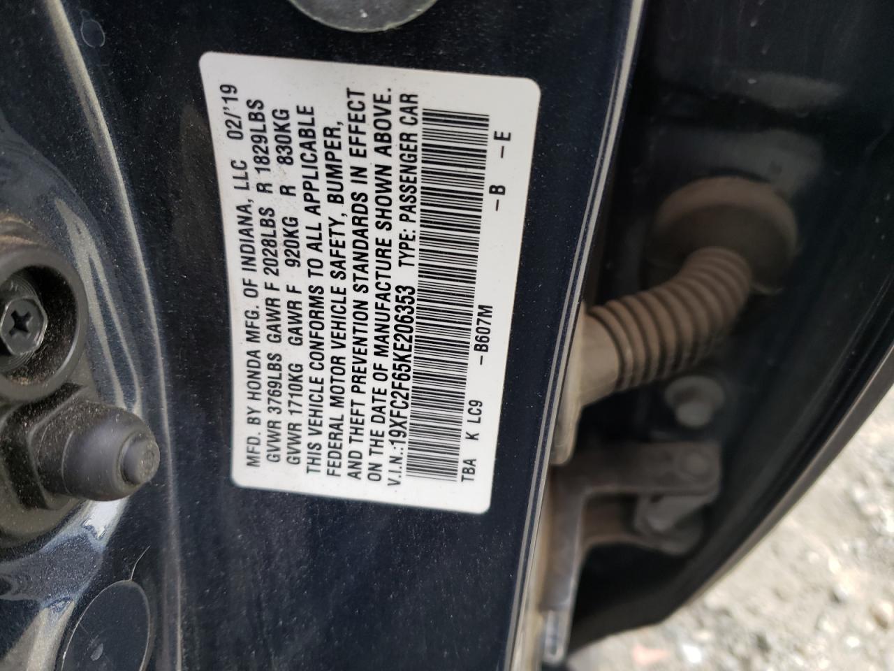 19XFC2F65KE206353 HONDA CIVIC 2019