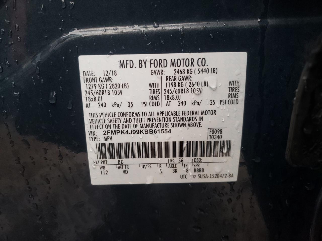 2019 Ford Edge Sel 2.0L(VIN: 2FMPK4J99KBB61554