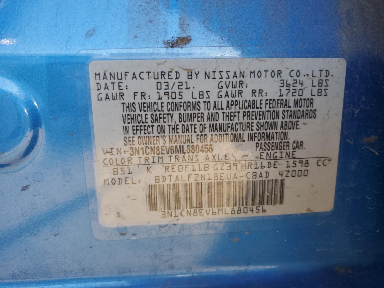 3N1CN8EV6ML880456 NISSAN VERSA 2021