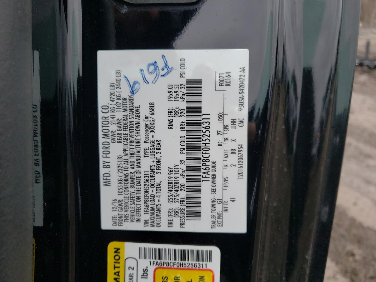 1FA6P8CF0H5256311 FORD MUSTANG 2017