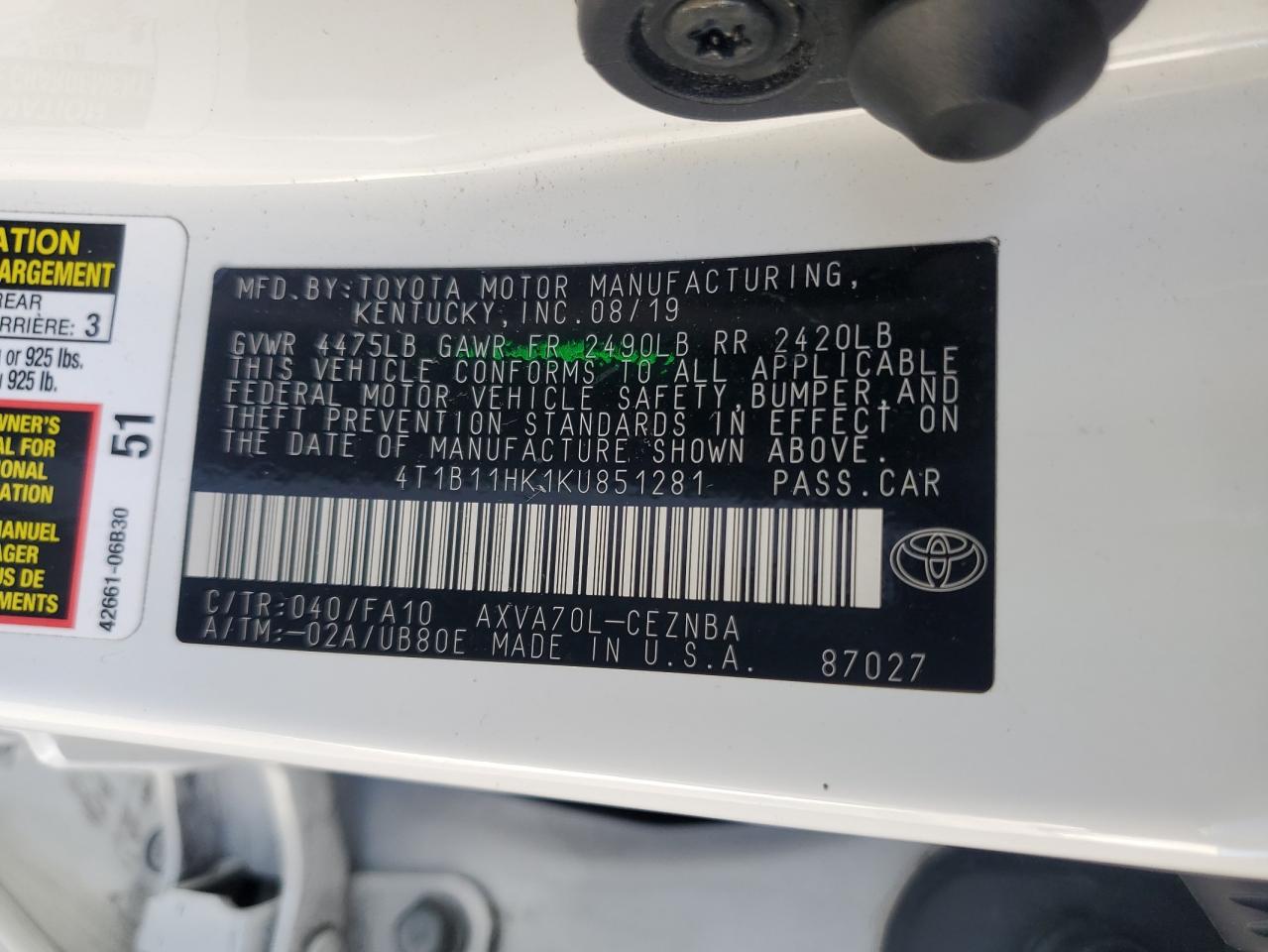 4T1B11HK1KU851281 TOYOTA CAMRY 2019