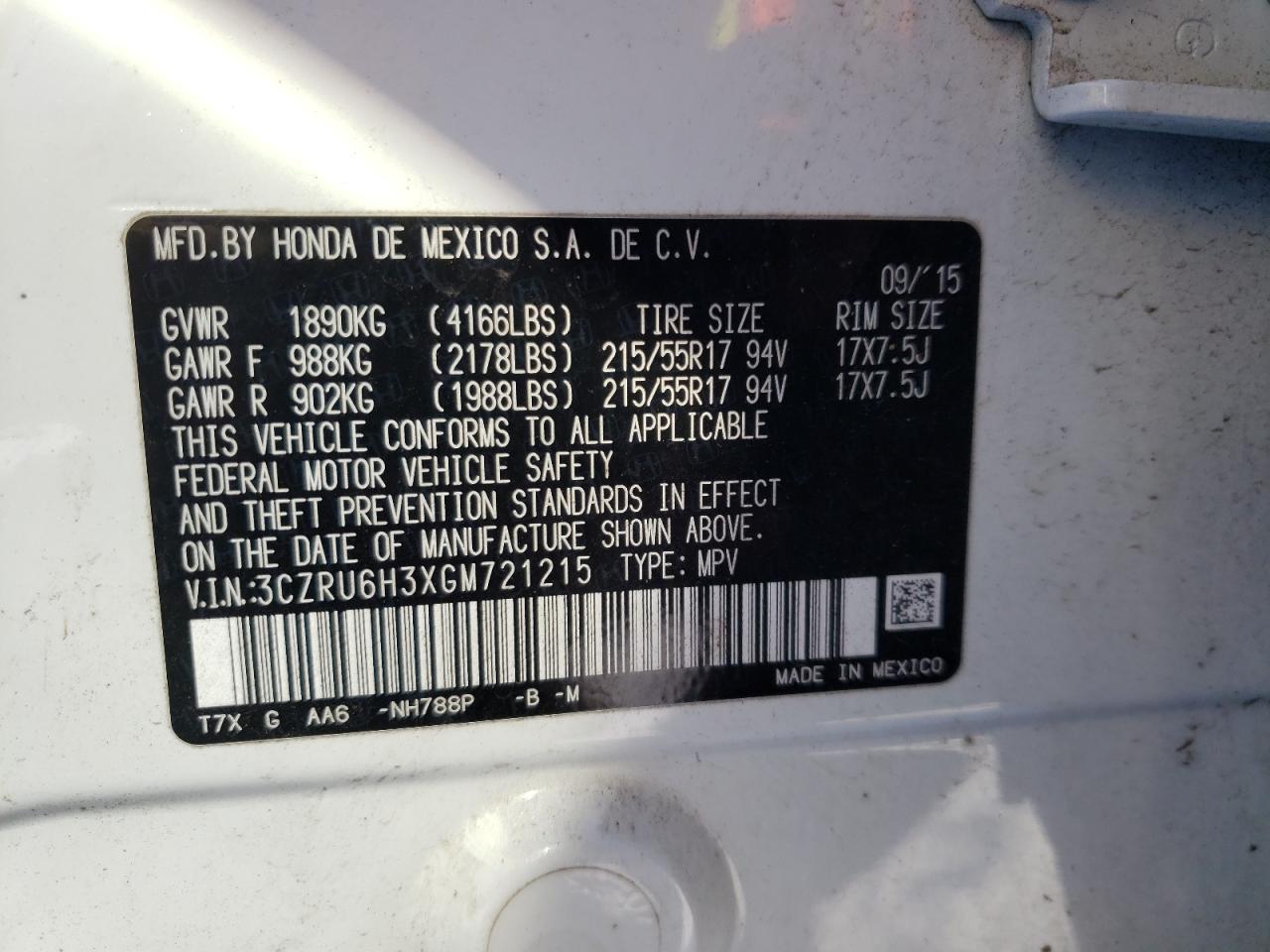 3CZRU6H3XGM721215 HONDA HR-V 2016