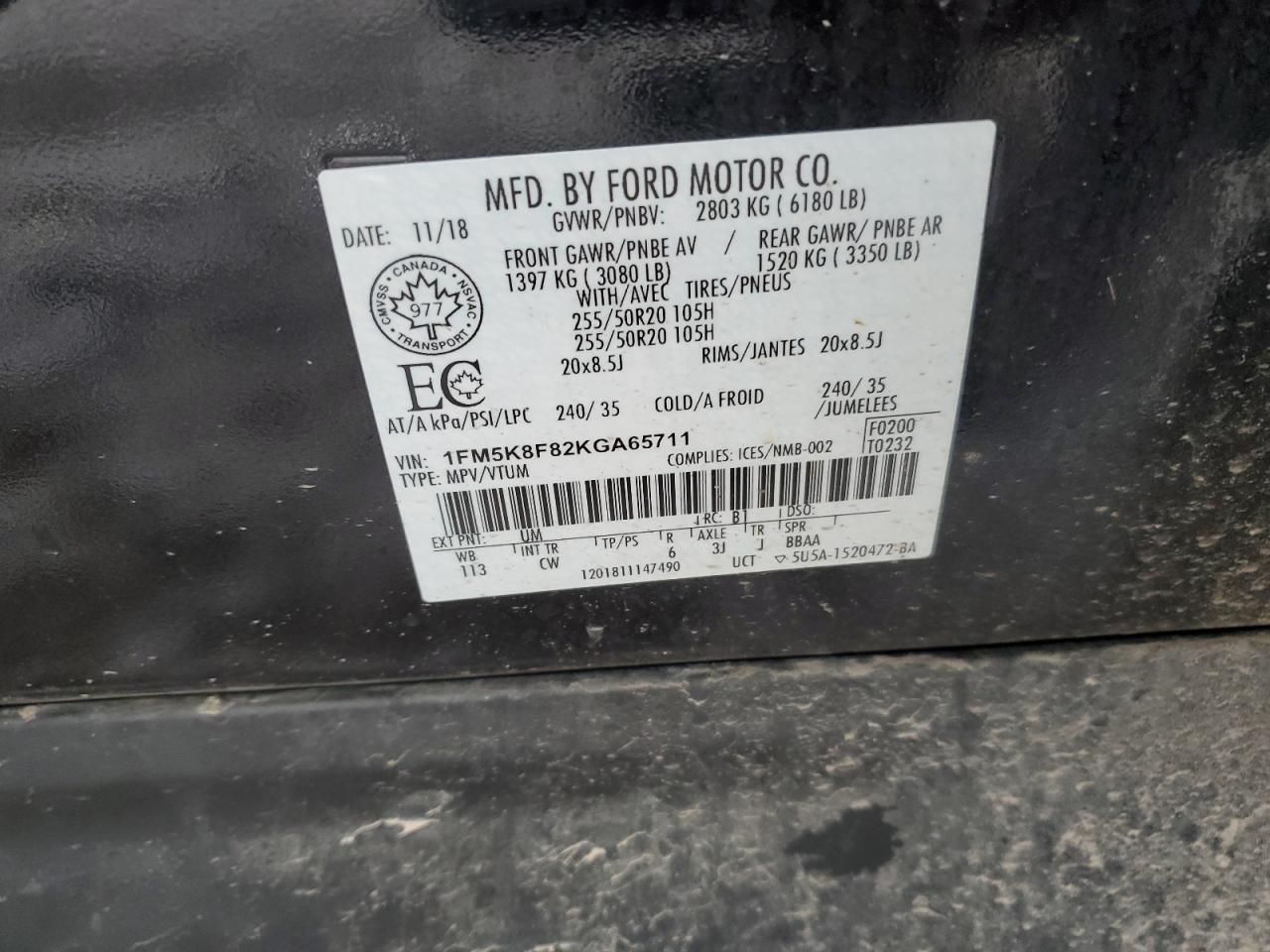 1FM5K8F82KGA65711 FORD EXPLORER 2019