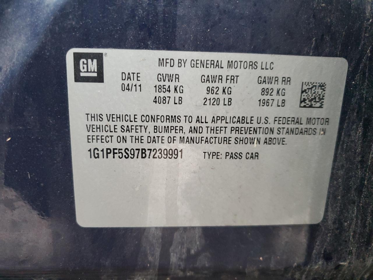 1g1pf5s97b7239991 1G1PF5S97B7239991 2011 Chevrolet Cruze Lt