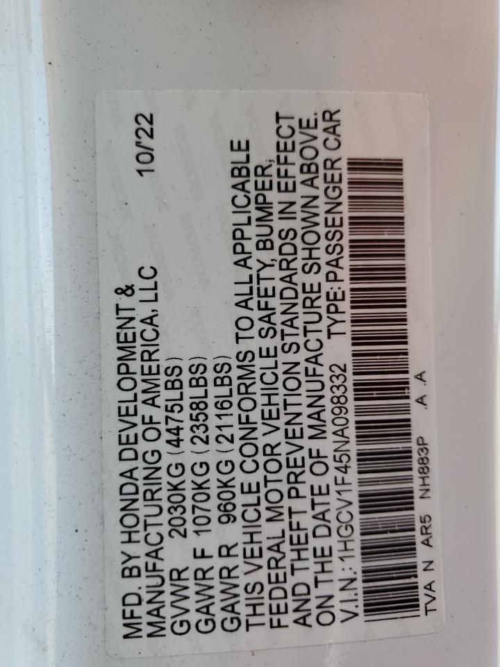 1HGCV1F45NA098332 HONDA ACCORD 2022