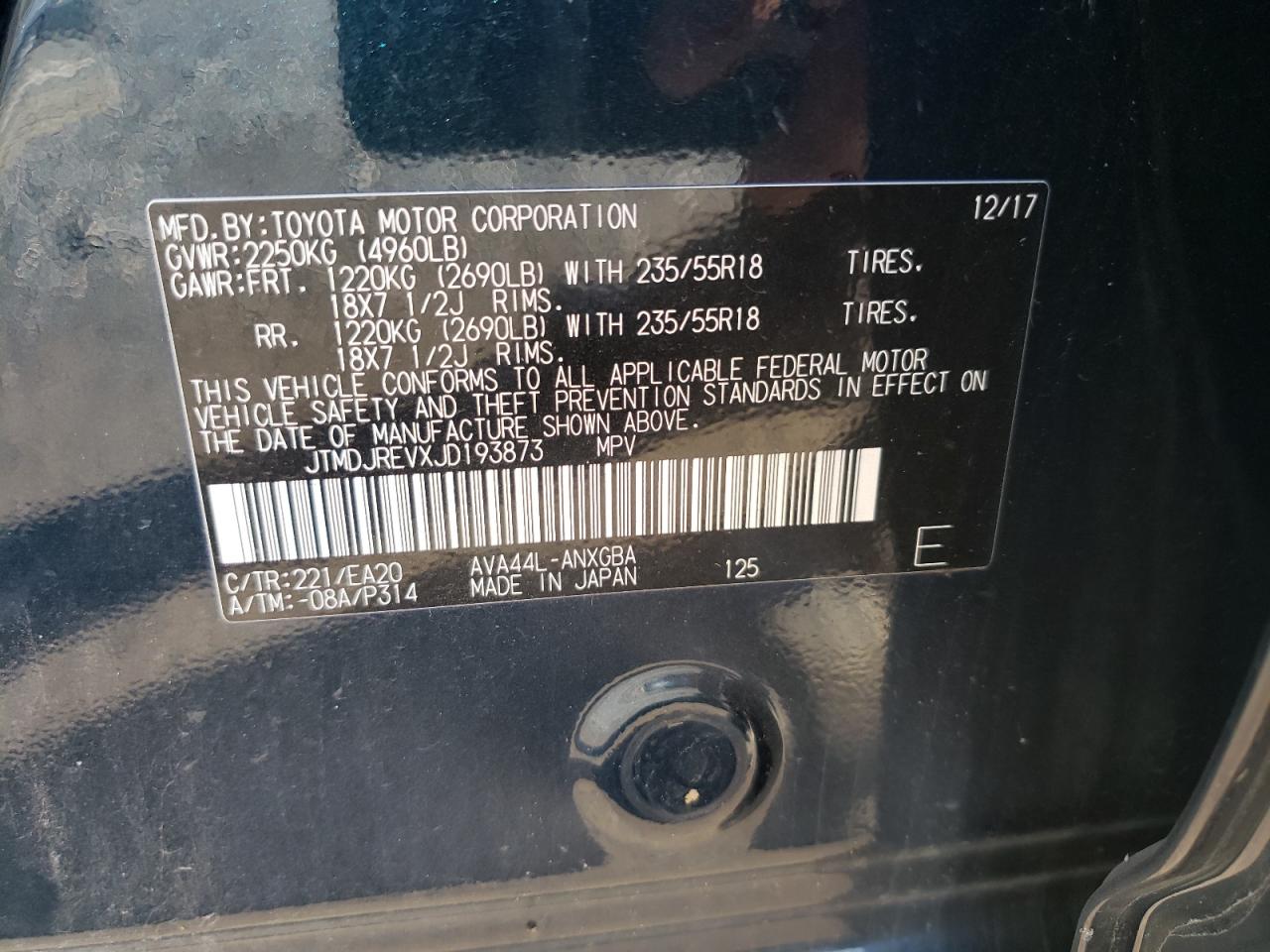 JTMDJREVXJD193873 TOYOTA RAV4 2018