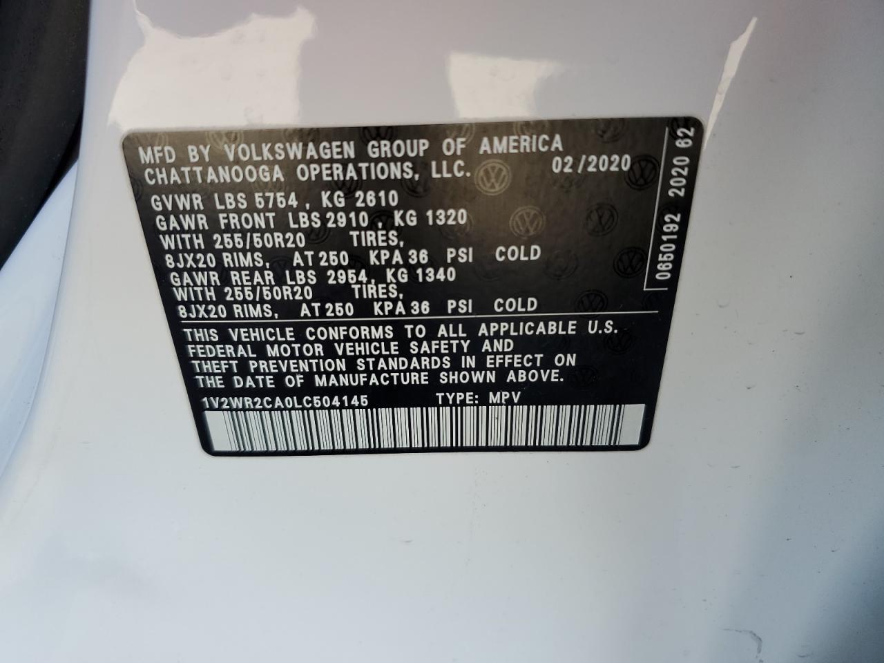 1V2WR2CA0LC504145 2020 Volkswagen Atlas Se