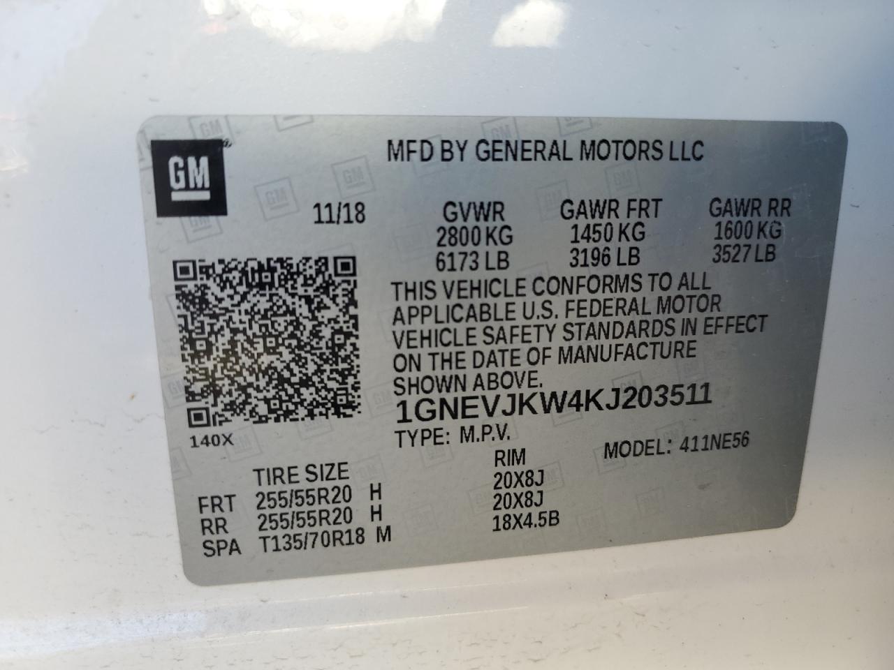 1GNEVJKW4KJ203511 CHEVROLET TRAVERSE 2019