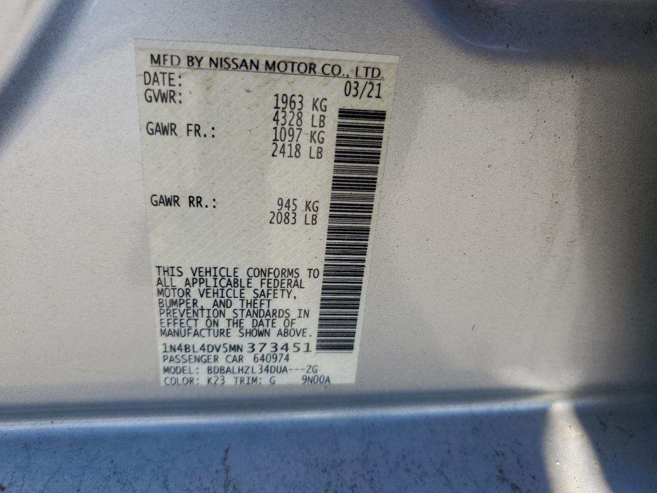 1N4BL4DV5MN373451 NISSAN ALTIMA 2021