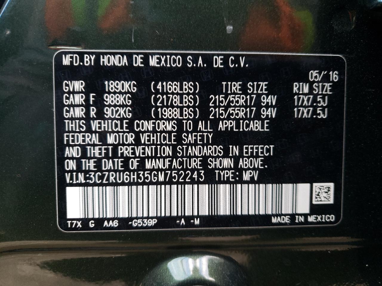 3CZRU6H35GM752243 HONDA HR-V 2016