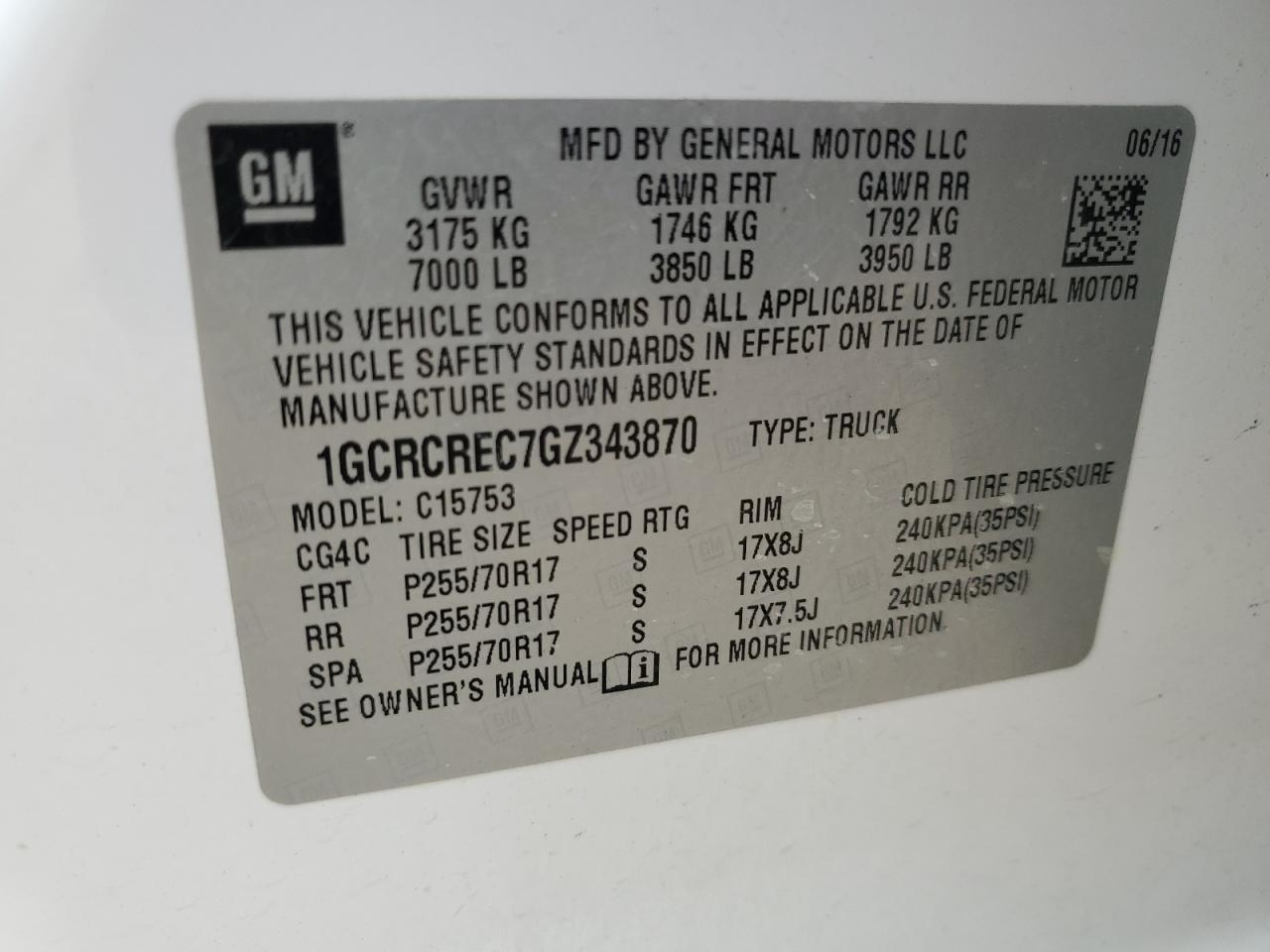 1GCRCREC7GZ343870 CHEVROLET ALL Models 2016