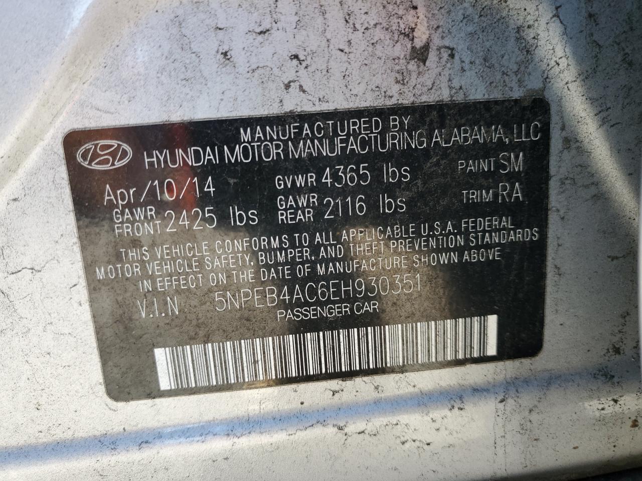 5NPEB4AC6EH930351 2014 Hyundai Sonata Gls