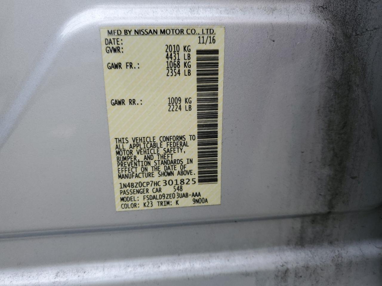 1N4BZ0CP7HC301825 NISSAN LEAF 2017