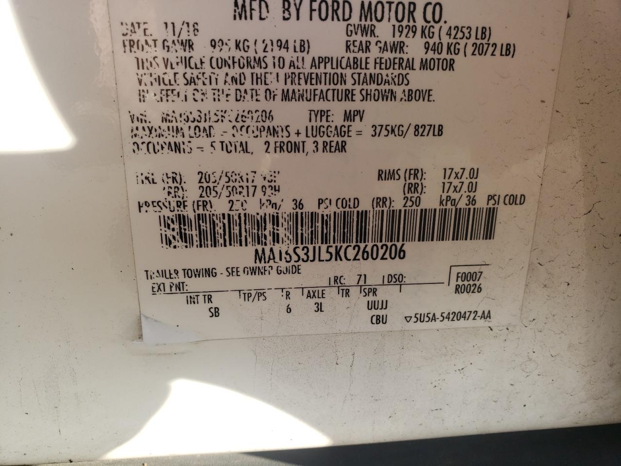 MAJ6S3JL5KC260206 FORD ECOSPORT 2019