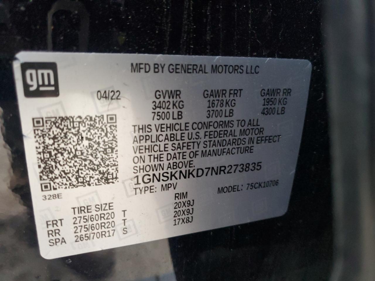 1GNSKNKD7NR273835 CHEVROLET TAHOE 2022