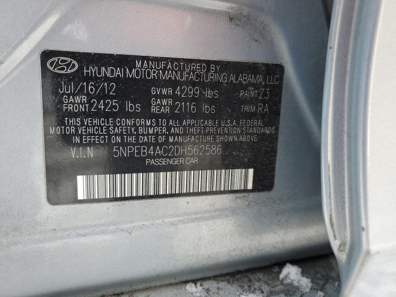 5NPEB4AC2DH562586 2013 Hyundai Sonata Gls