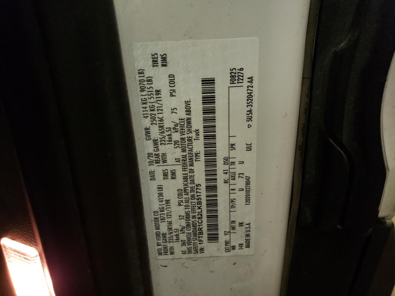 1FTBR1C82LKB51775 FORD TRANSIT 2020