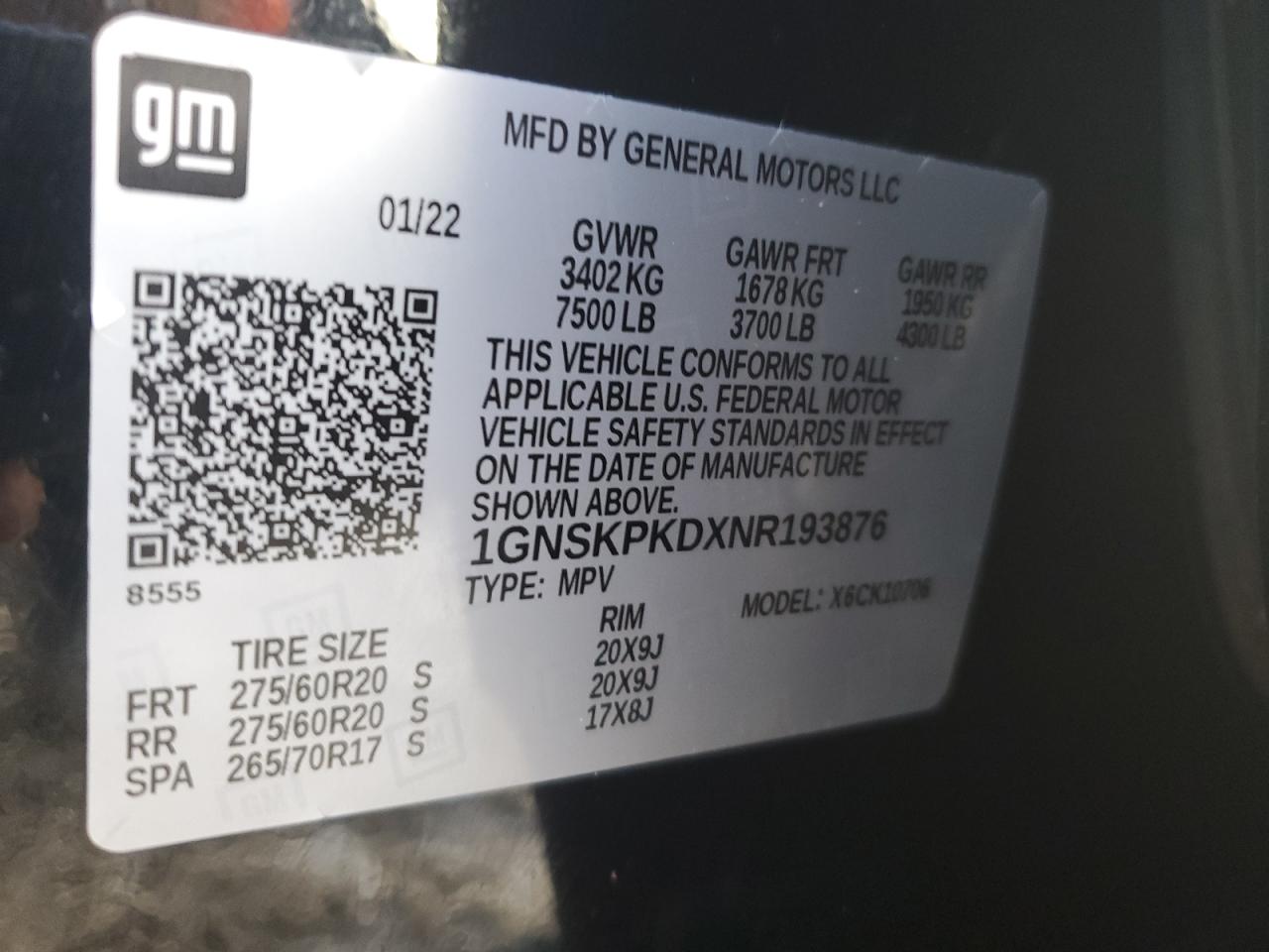 1GNSKPKDXNR193876 CHEVROLET TAHOE 2022