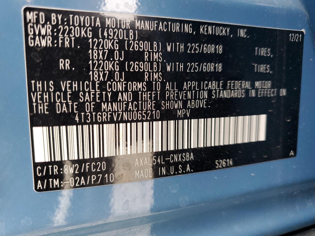4T3T6RFV7NU065210 TOYOTA RAV4 2022