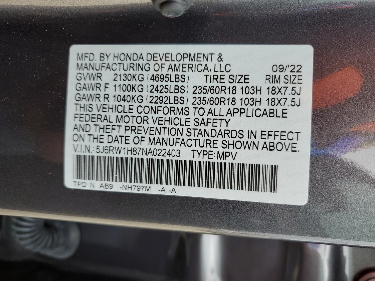 5J6RW1H87NA022403 HONDA CRV 2022