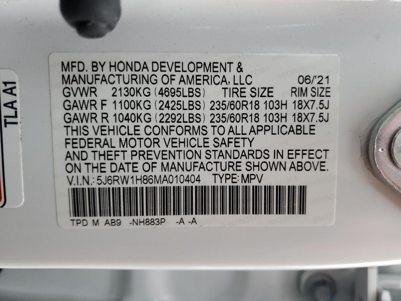 5J6RW1H86MA010404 HONDA CRV 2021
