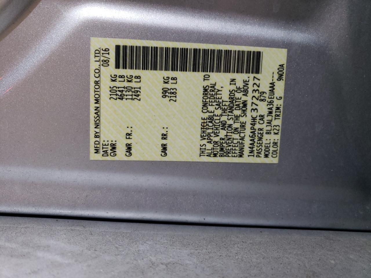 1N4AA6AP4HC372327 NISSAN MAXIMA 2017
