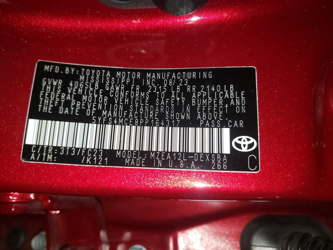 5YFS4MCE8PP164317 TOYOTA COROLLA 2023