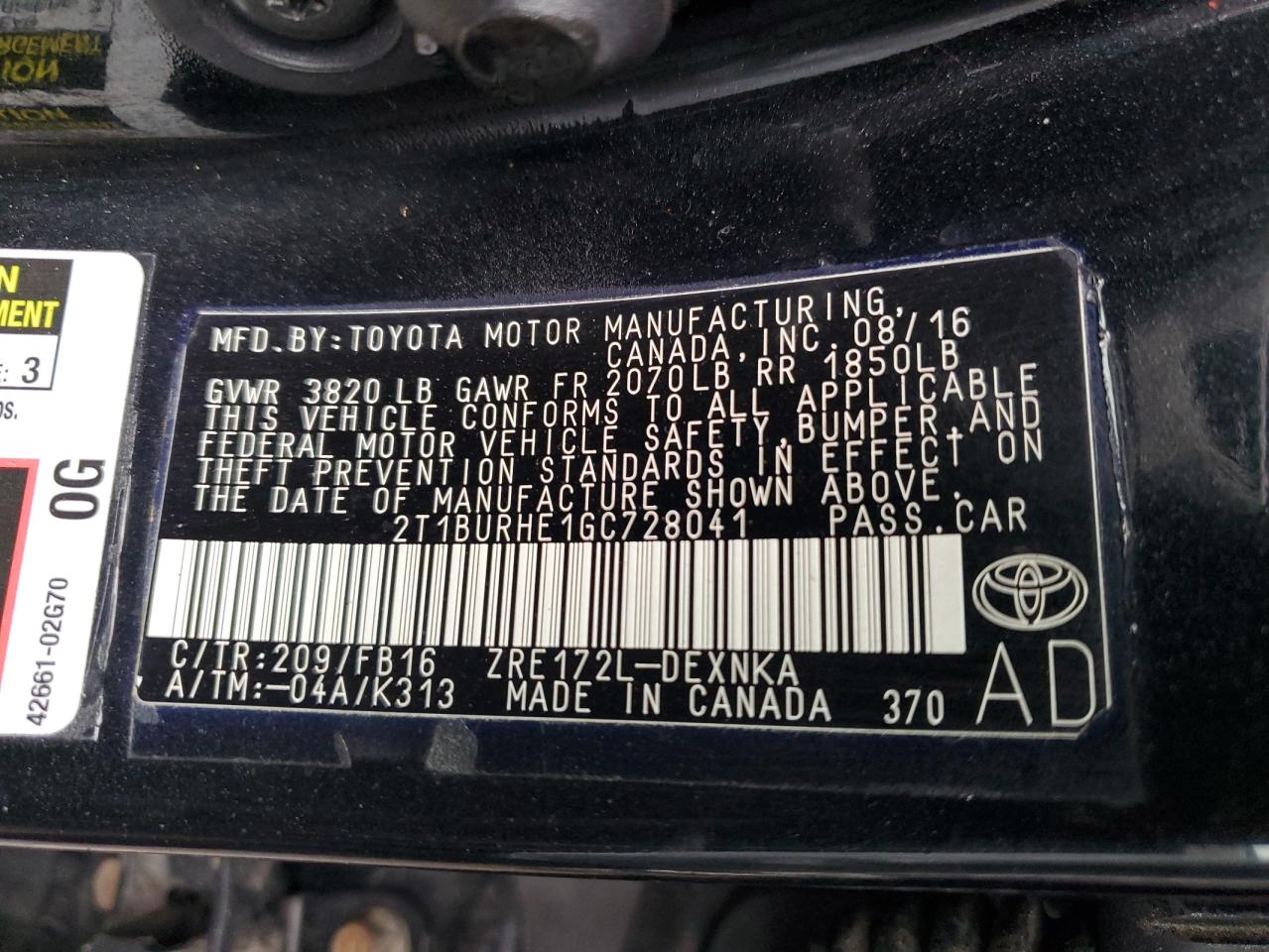 2T1BURHE1GC728041 TOYOTA COROLLA 2016