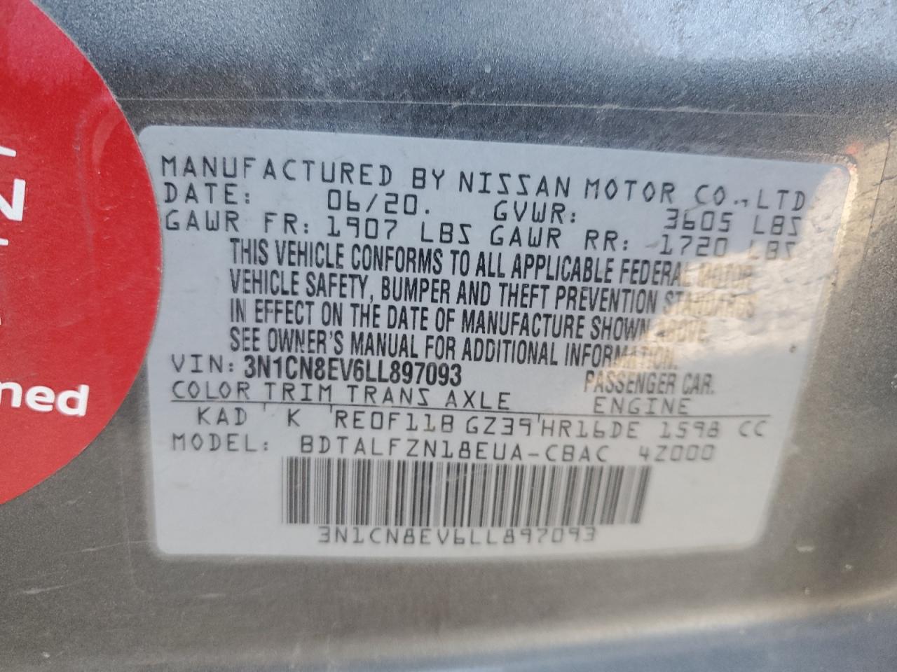 3N1CN8EV6LL897093 NISSAN VERSA 2020