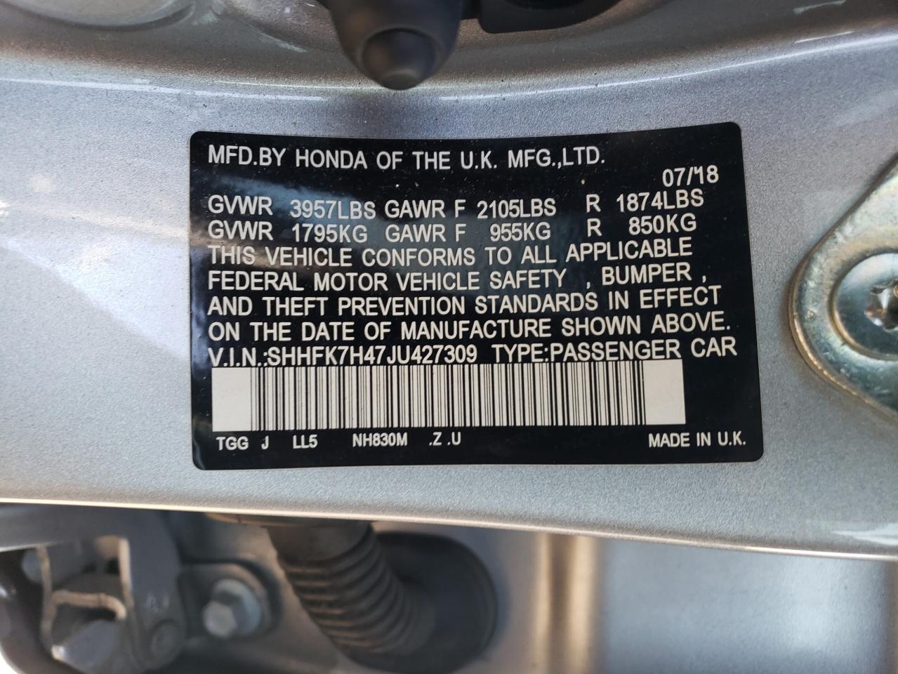 SHHFK7H47JU427309 HONDA CIVIC 2018
