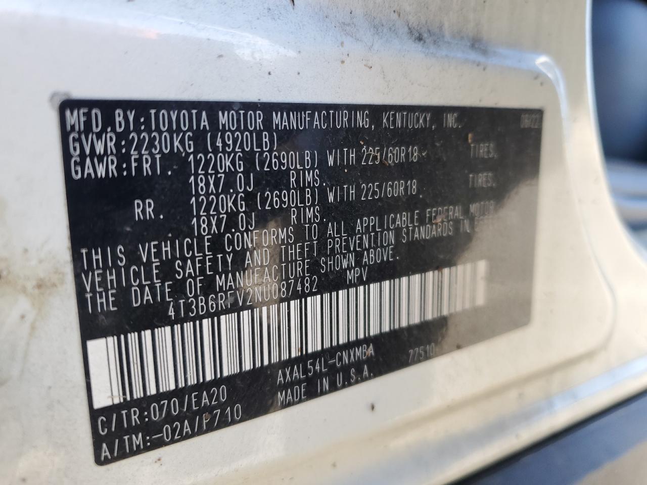 4T3B6RFV2NU087482 TOYOTA RAV4 2022