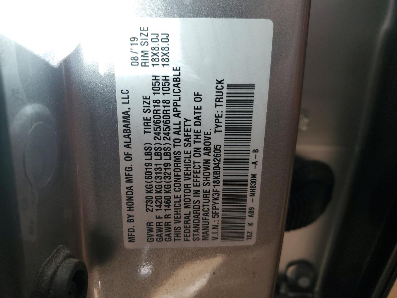 5FPYK3F18KB042605 HONDA RIDGELINE 2019