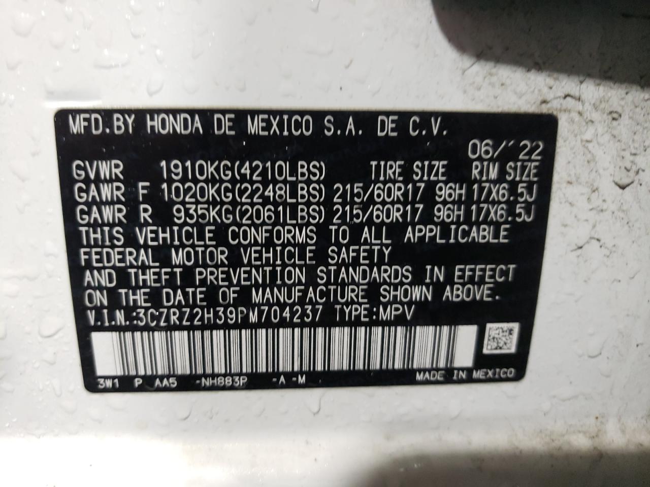 3CZRZ2H39PM704237 HONDA HR-V 2023