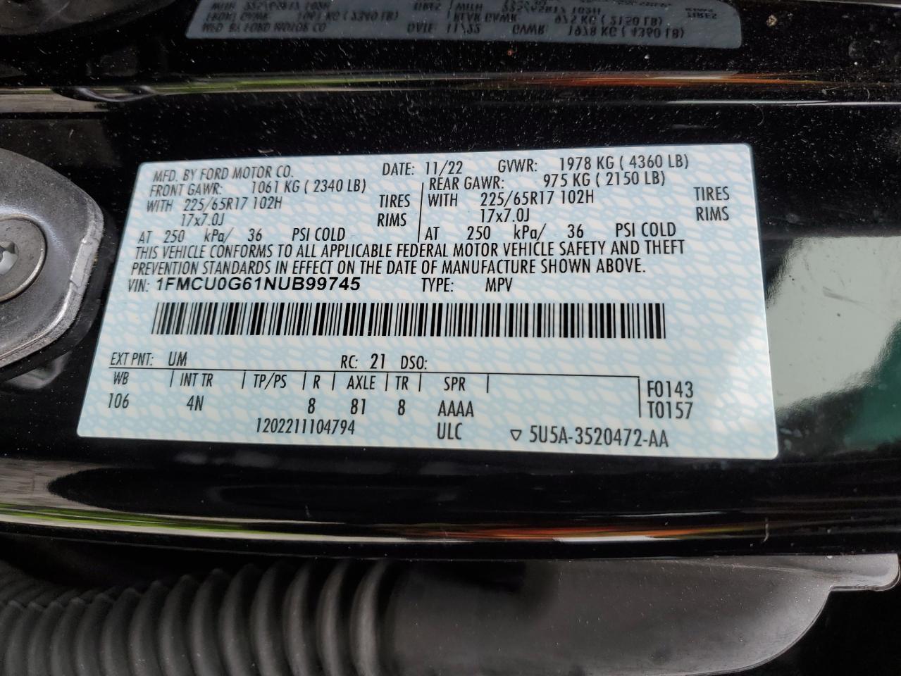 1FMCU0G61NUB99745 FORD ESCAPE 2022