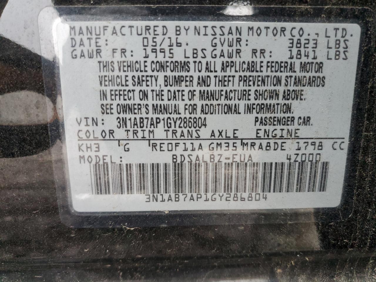 3N1AB7AP1GY286804 NISSAN SENTRA 2016