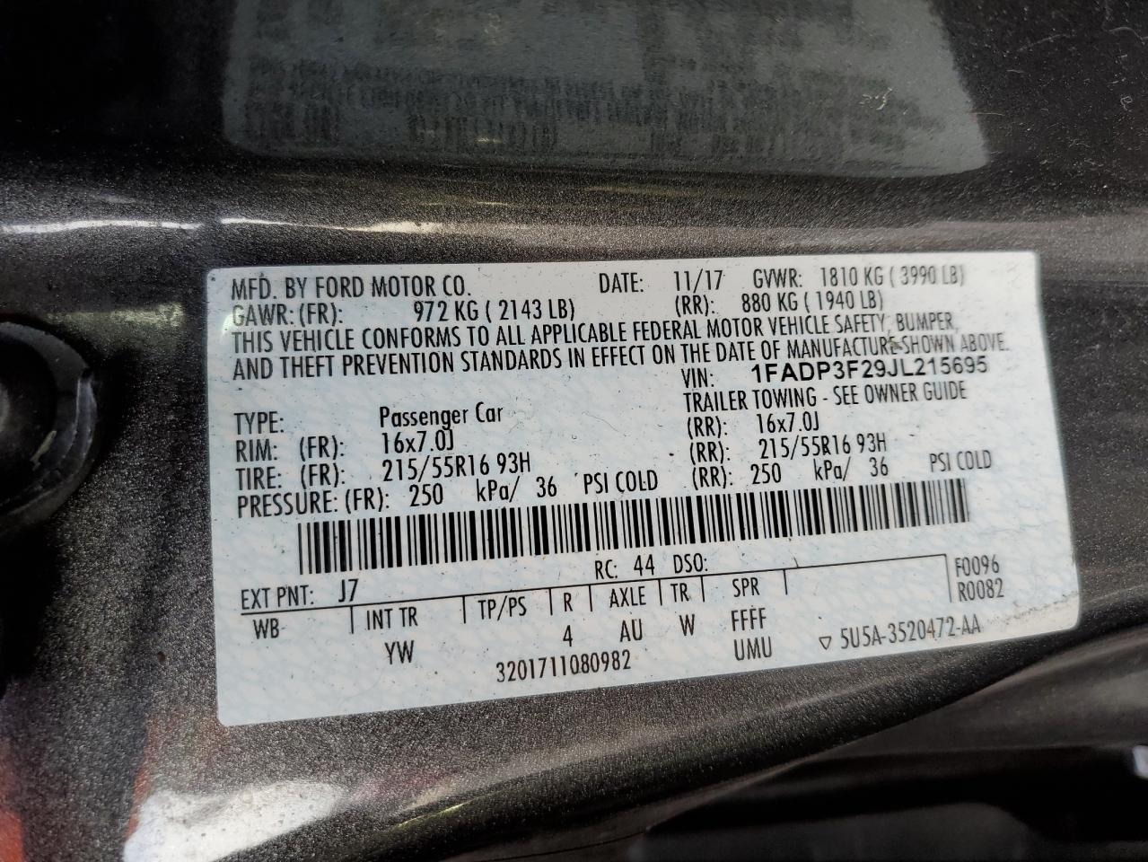 1FADP3F29JL215695 FORD FOCUS 2018