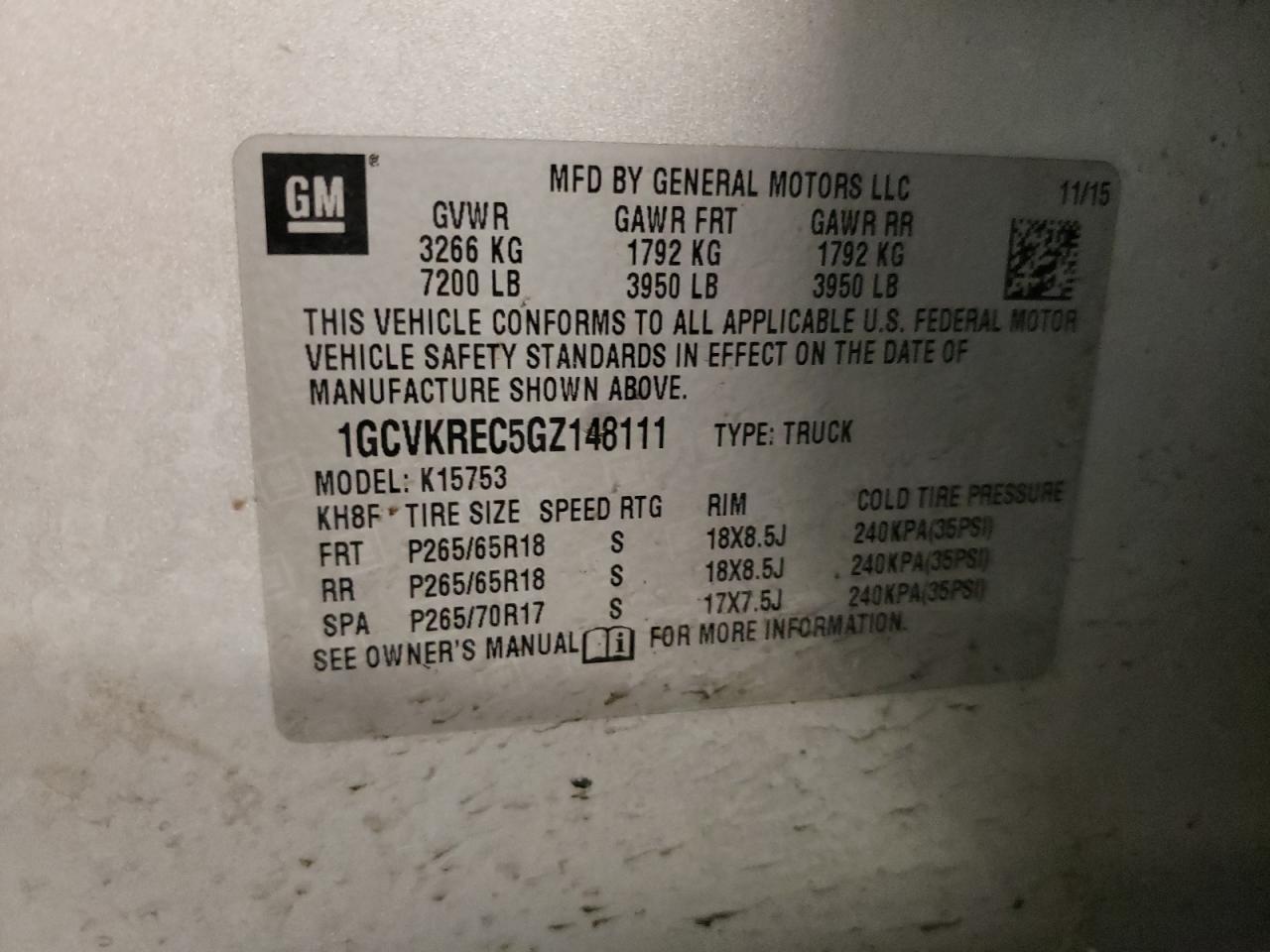 1GCVKREC5GZ148111 CHEVROLET ALL Models 2016