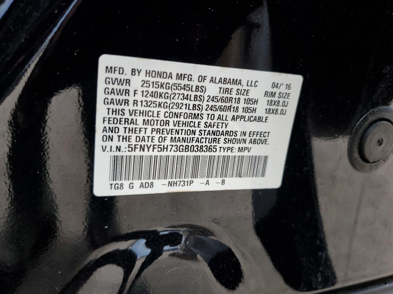 5FNYF5H73GB038365 HONDA PILOT 2016