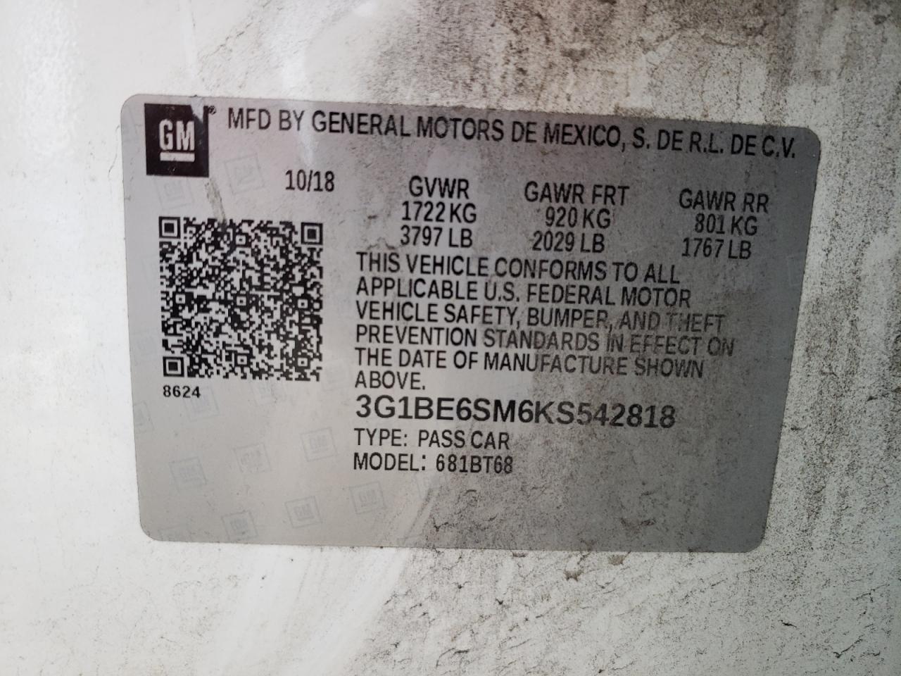 3G1BE6SM6KS542818 CHEVROLET CRUZE 2019