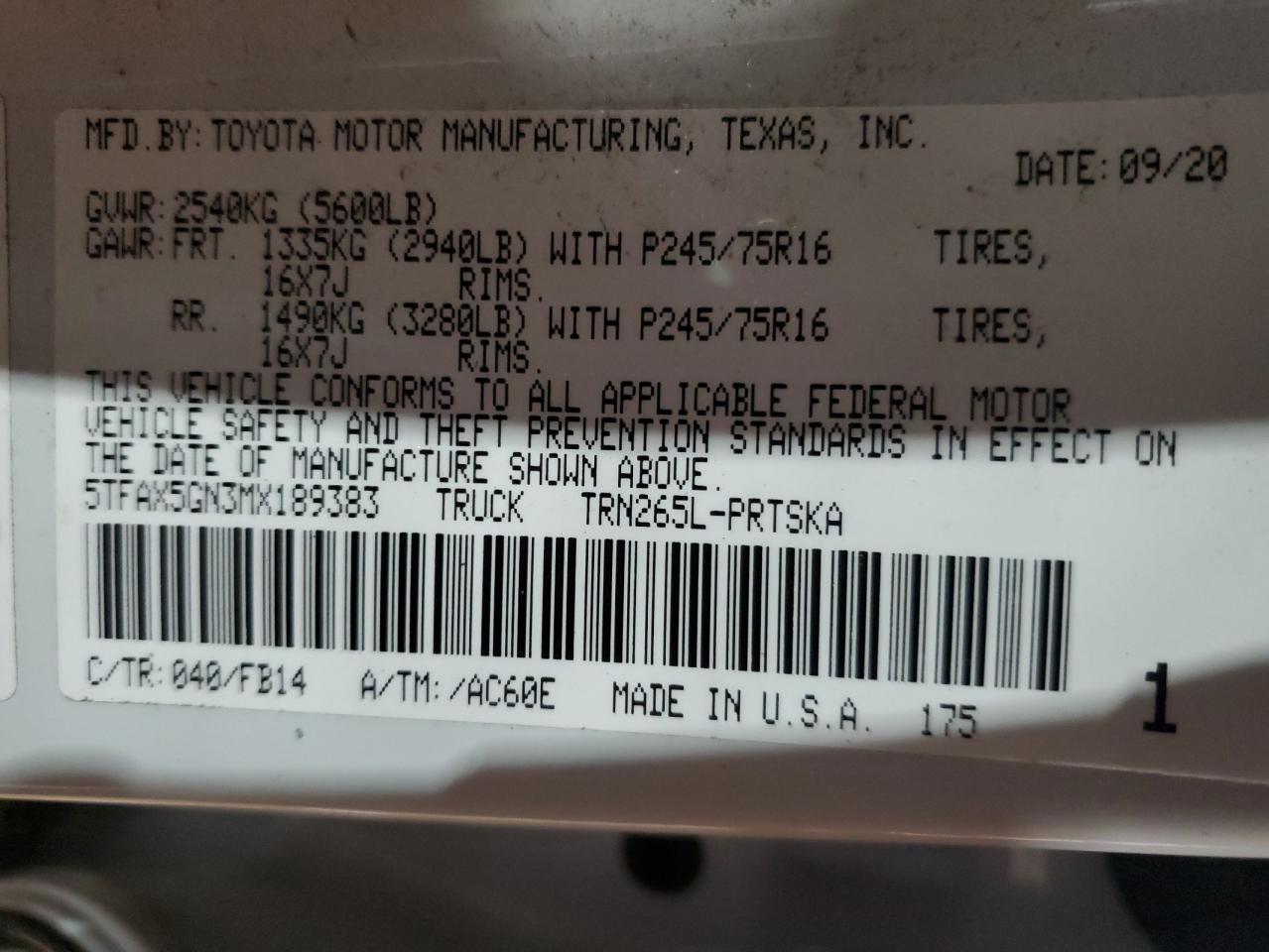 5TFAX5GN3MX189383 TOYOTA TACOMA 2021