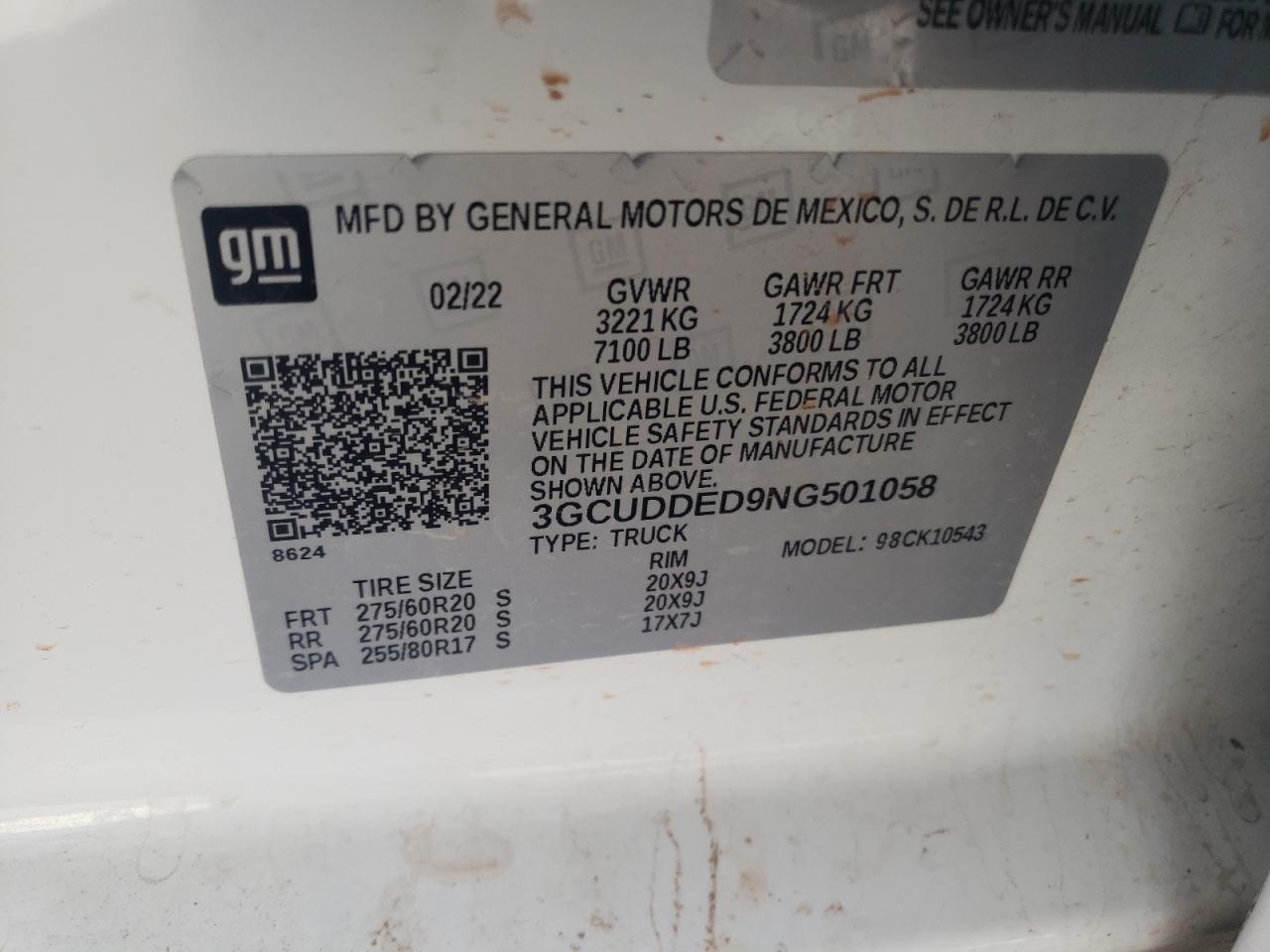 3GCUDDED9NG501058 CHEVROLET ALL Models 2022