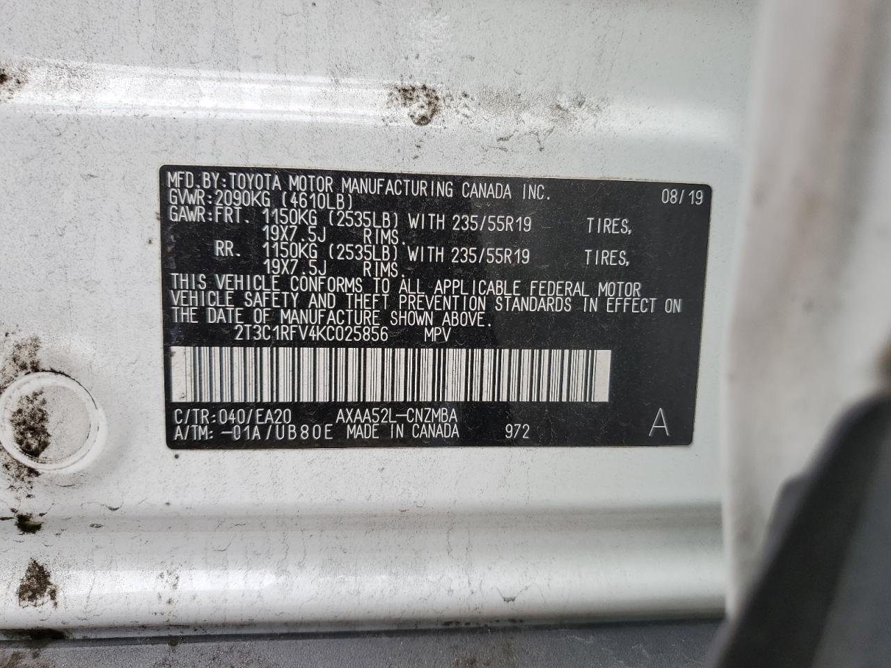 2T3C1RFV4KC025856 TOYOTA RAV4 2019