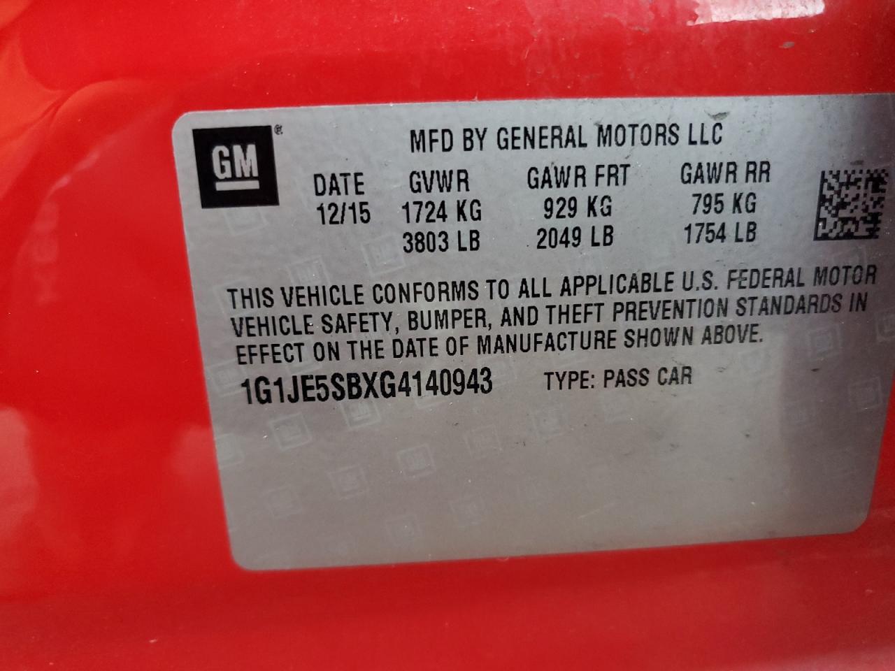 1G1JE5SBXG4140943 CHEVROLET SONIC 2016