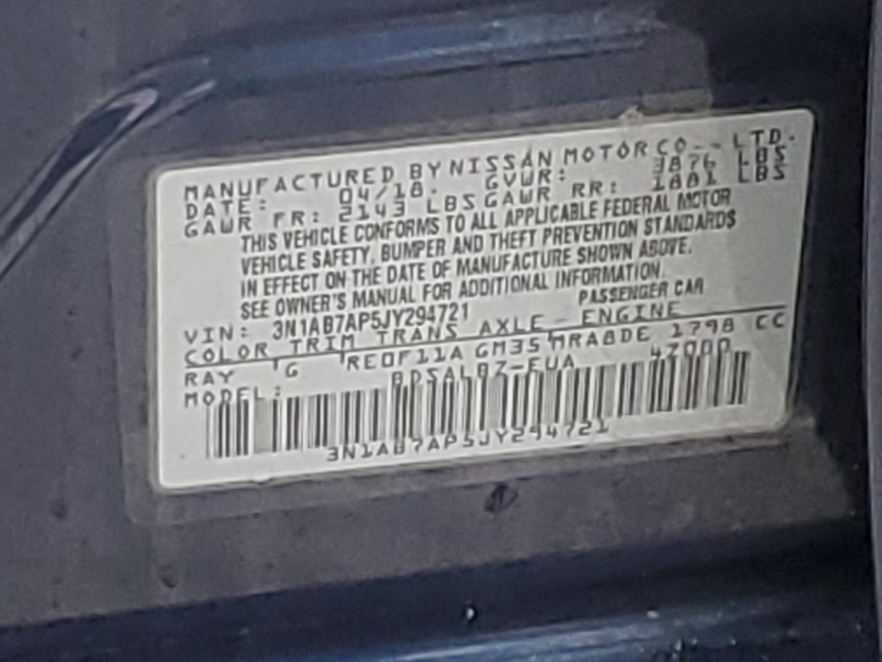 3N1AB7AP5JY294721 2018 Nissan Sentra S