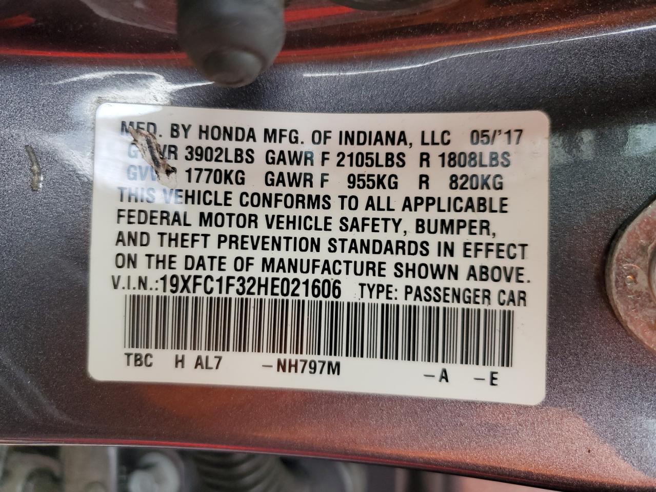 19XFC1F32HE021606 HONDA CIVIC 2017